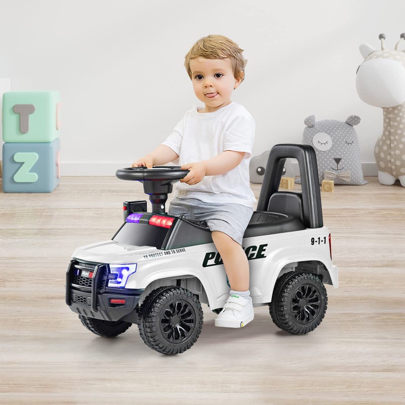 OLAKIDS Ride On Push Police Car, Toddler Foot-to-Floor Sliding Toy with Siren, Steering Wheel, Megaphone, Horn, Headlights, Under Seat Storage, Kids Racer Walking Gift for Boys Girls 1-3 (White) - Image 2