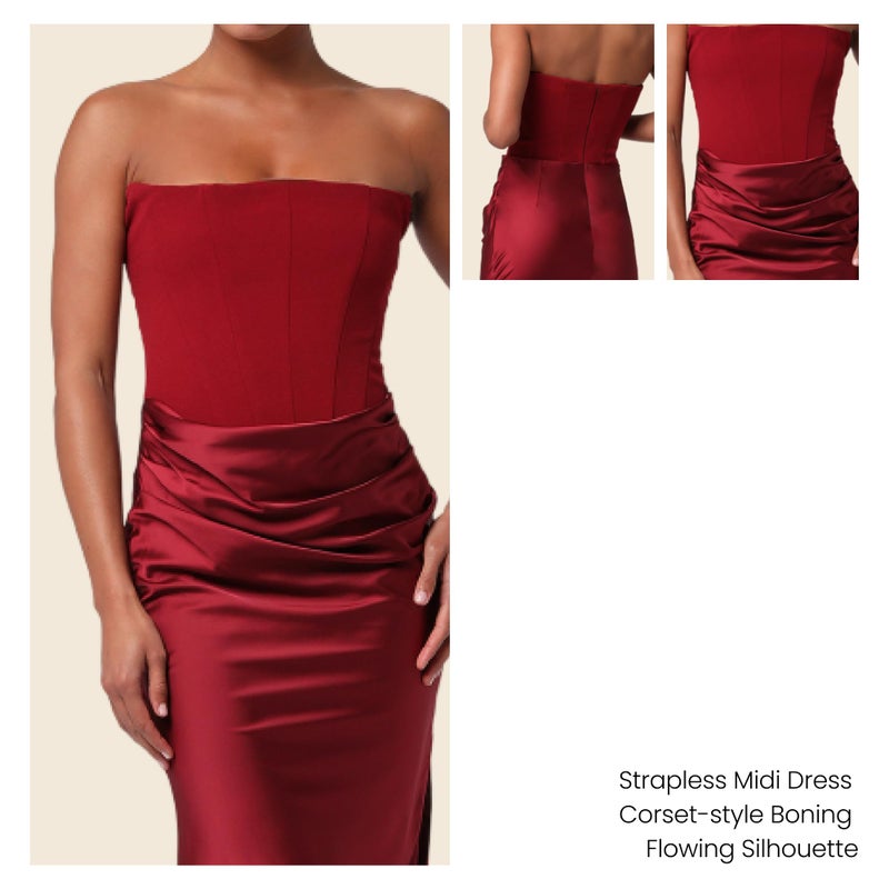 Lulus Tarni Strapless Drape Front Midi Dress Womenâ€™s Satin Corset-Style Cocktail Dress with Pleated Waist and Side Slit Chianti - Image 2