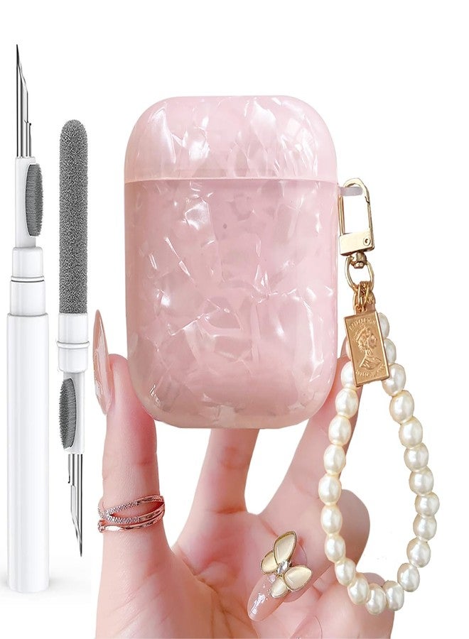 Olytop for Cute Glitter Airpods 2/1 Gen Case with Cleaner Pen,Shell Pattern Airpods 2nd/1st Generation Cover Protective Skin Girl Women with Luxury Pearl Keychain for Apple iPod 2nd/1st Gen - Pink - Image 1