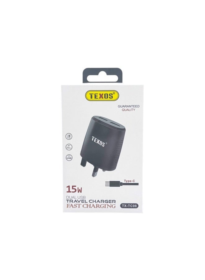 Texos 15W Dual USB Fast Charging Travel Charger with Type-C Cable (TX-TC08) - Image 1