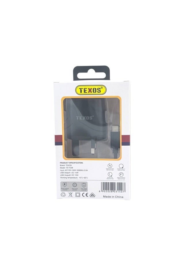 Texos 15W Dual USB Fast Charging Travel Charger with Type-C Cable (TX-TC08) - Image 2