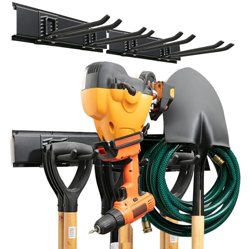 TIDYME Garage Tool Organizer Wall Mount  32 inches  Sturdy Storage Rack with Adjustable Hooks AntiRust  Easy Installation 200lbs Capacity  Garden Tool Organizer 02 Racks  04 Hooks
