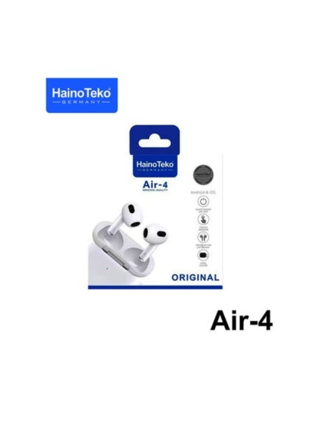 Haino Teko Germany Air4 Wireless Bluetooth Earphone With High Bass Sound Quality and Multifunctional Touch Control Compatible With Android Phones White - Image 1