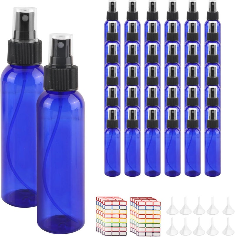 YEUIKERR 36 Pack Blue Small Spray Bottles 4 oz/120 ml Plastic Spray Bottles, Fine Mist Empty Small Travel Spray Bottle, Refillable Mini Sprayer Empty Bottle Bulk with 10 Funnels and 10 Labels - Image 1