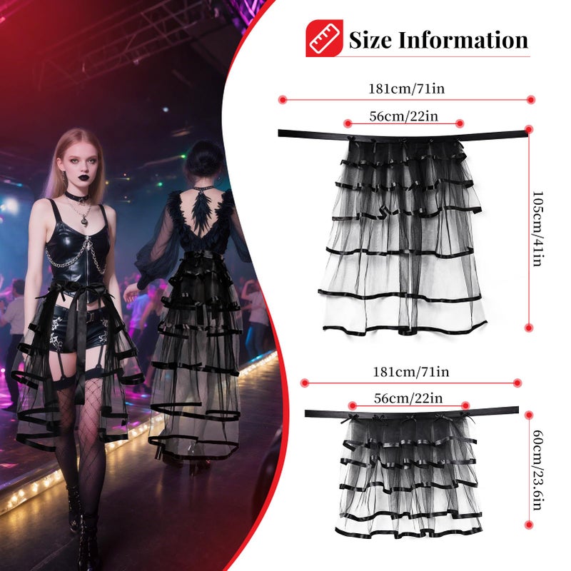 iHUFeather Victorian Steampunk Bustle Skirt Layered Tie on Belt Tulle Tutu Long Overskirt for Women(Black) - Image 2