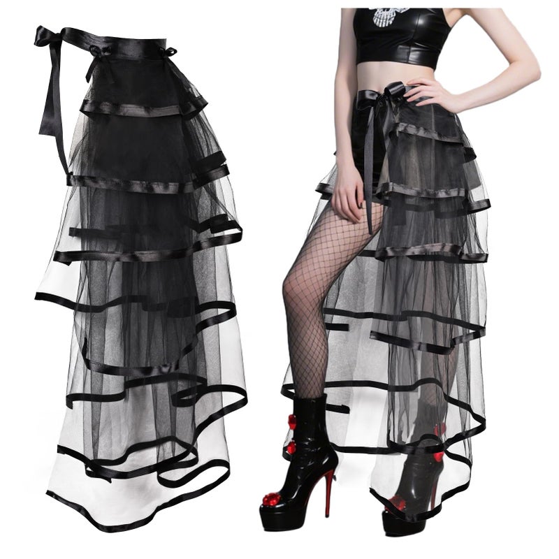 iHUFeather Victorian Steampunk Bustle Skirt Layered Tie on Belt Tulle Tutu Long Overskirt for Women(Black) - Image 1