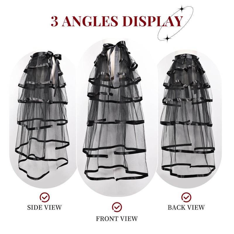 iHUFeather Victorian Steampunk Bustle Skirt Layered Tie on Belt Tulle Tutu Long Overskirt for Women(Black) - Image 3