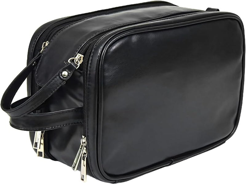 Large Capacity Men Leather Travel Toiletry Bag With Hanging Hook Double Zipper Black - Image 1