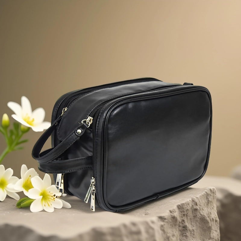 Large Capacity Men Leather Travel Toiletry Bag With Hanging Hook Double Zipper Black - Image 5