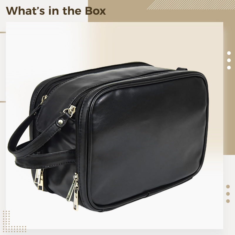 Large Capacity Men Leather Travel Toiletry Bag With Hanging Hook Double Zipper Black - Image 4