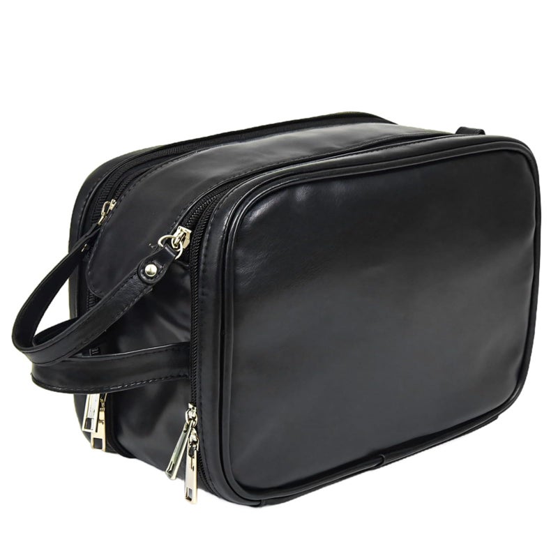 Large Capacity Men Leather Travel Toiletry Bag With Hanging Hook Double Zipper Black - Image 2