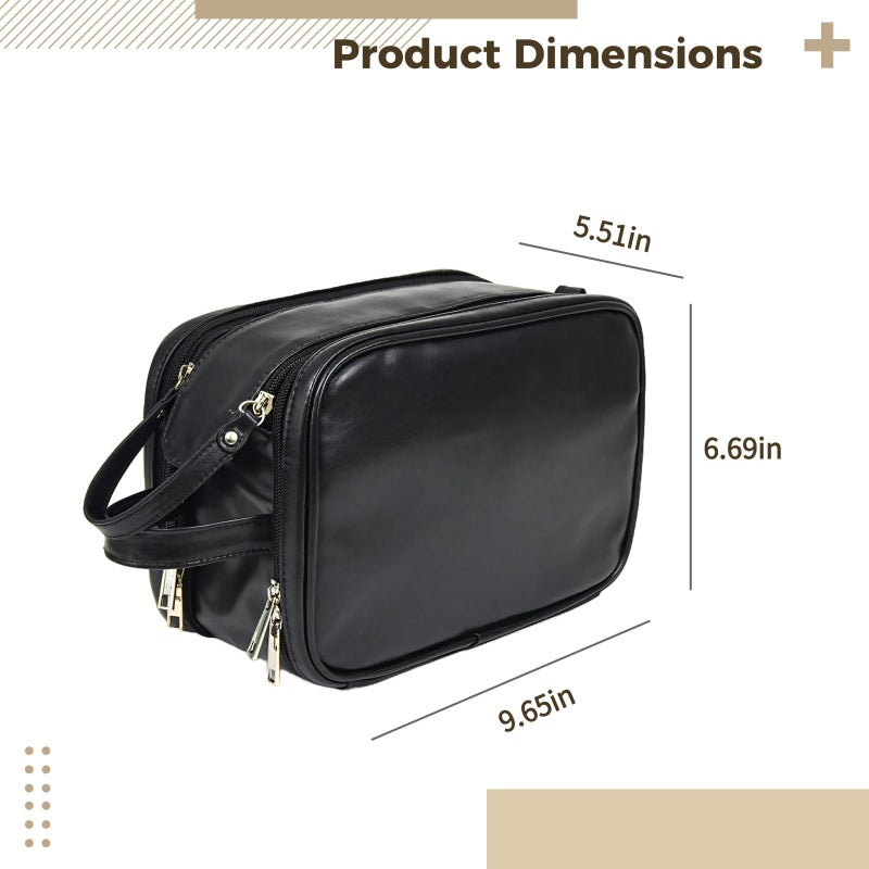 Large Capacity Men Leather Travel Toiletry Bag With Hanging Hook Double Zipper Black - Image 3