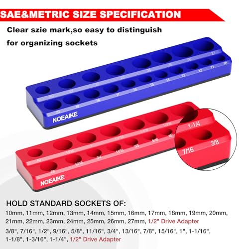 NOEAIKE 1/2 Inch Magnetic Socket Organizer,2-Pack Metric &SAE Sockets Holder Set 1/2" Drive Socket Trays, Holds 35 Pcs Standard Sockets(Socket not Included) - Image 2