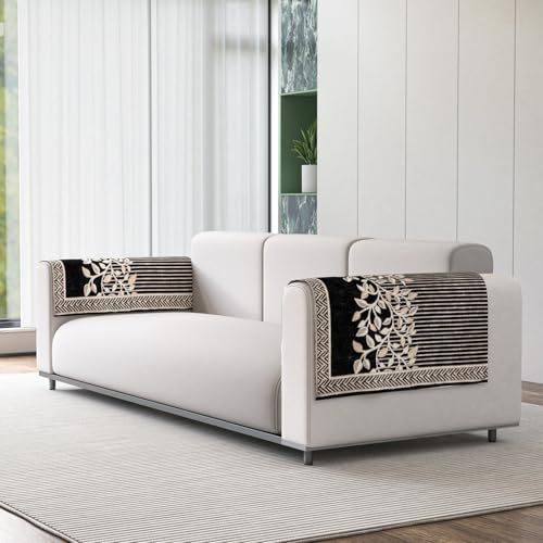 Nendle Premium Chenille Floral Sofa Mat Arms Cover Only – Soft & Durable Protector for L Shape/Standard Sofa Set (58 cm, Black, 1 Piece) - Image 1