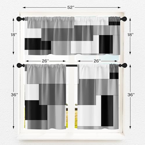 Tayney Black White Gray Kitchen Window Curtains Valance and Tier Set 36 Inch, Dark Grey Modern Geometric Rod Pocket Short Tier Curtain for Bathroom, Small Cafe Drapes for Kitchen Decor - Image 4