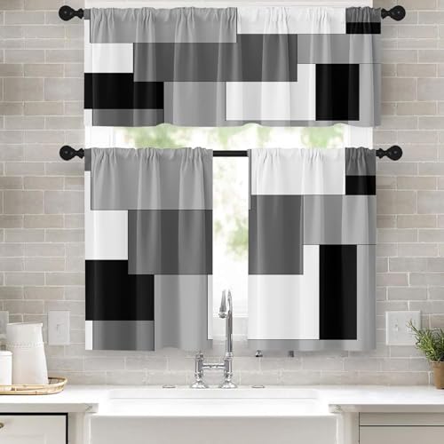 Tayney Black White Gray Kitchen Window Curtains Valance and Tier Set 36 Inch, Dark Grey Modern Geometric Rod Pocket Short Tier Curtain for Bathroom, Small Cafe Drapes for Kitchen Decor - Image 1
