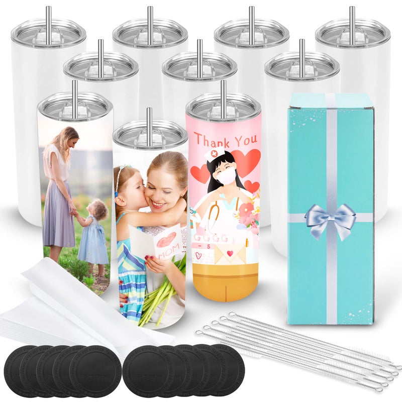 DS 10 Pack Sublimation Tumblers Bulk 20 oz Skinny Straight Flat Bottom Blank Tumbler Cups with Individual Gift Boxed for Heat Transfer DIY Craft