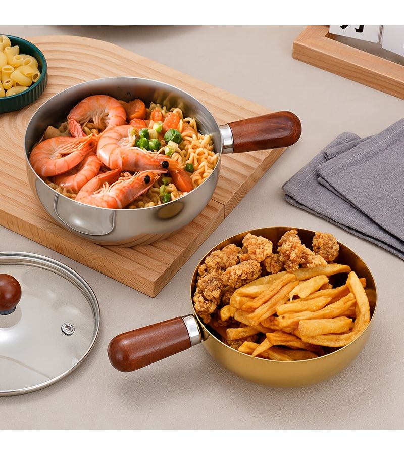 A Set Of Extra Thick Stainless Steel Snack Bowls Instant Noodle Bowls With Glass Lids Single Salad Bowls Dessert Bowls Snack Pots And Small Fat Pots With Handles Golden 16cm 6 3in Pot Compatible With Gas Stoves And Induction Cookers - Image 2