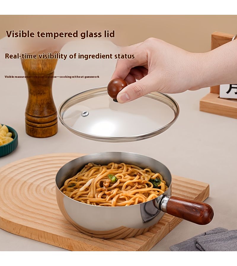 A Set Of Extra Thick Stainless Steel Snack Bowls Instant Noodle Bowls With Glass Lids Single Salad Bowls Dessert Bowls Snack Pots And Small Fat Pots With Handles Golden 16cm 6 3in Pot Compatible With Gas Stoves And Induction Cookers - Image 4