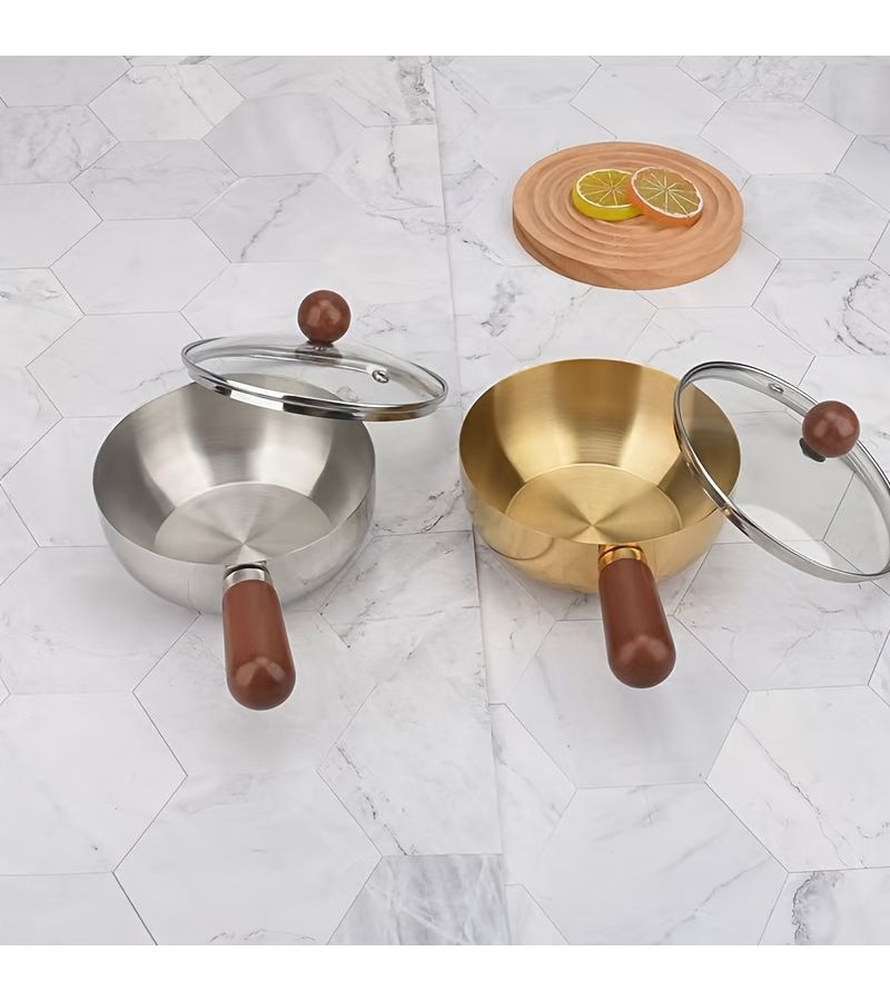 A Set Of Extra Thick Stainless Steel Snack Bowls Instant Noodle Bowls With Glass Lids Single Salad Bowls Dessert Bowls Snack Pots And Small Fat Pots With Handles Golden 16cm 6 3in Pot Compatible With Gas Stoves And Induction Cookers - Image 1