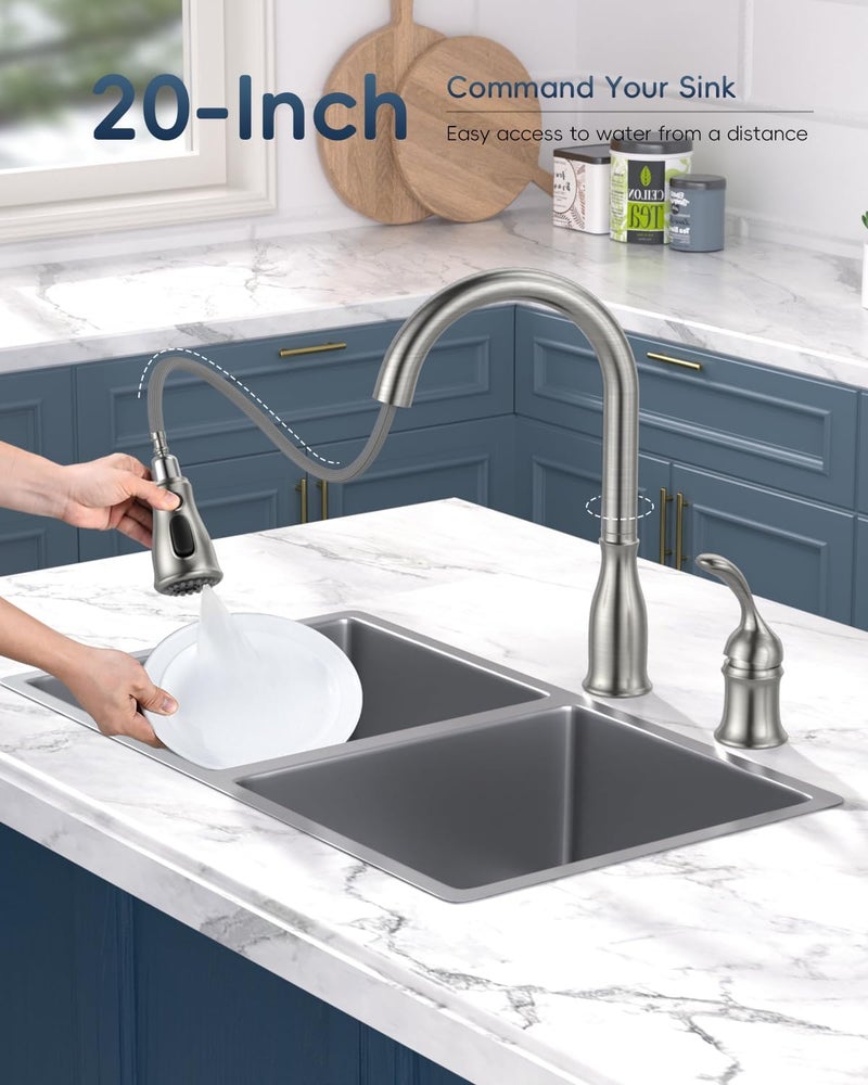 APPASO 2 Hole Kitchen Faucet with Pull Down Sprayer, Stainless Steel Brushed Nickel Commercial Kitchen Sink Faucet with Side Single Handle, APS278BN - Image 4