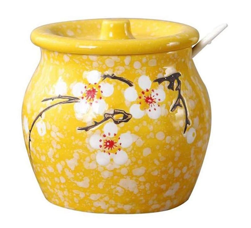 Ceramic Flower Sugar Bowl Seasoning Pot Salt Pepper Storage Jar with Lid And Spoon