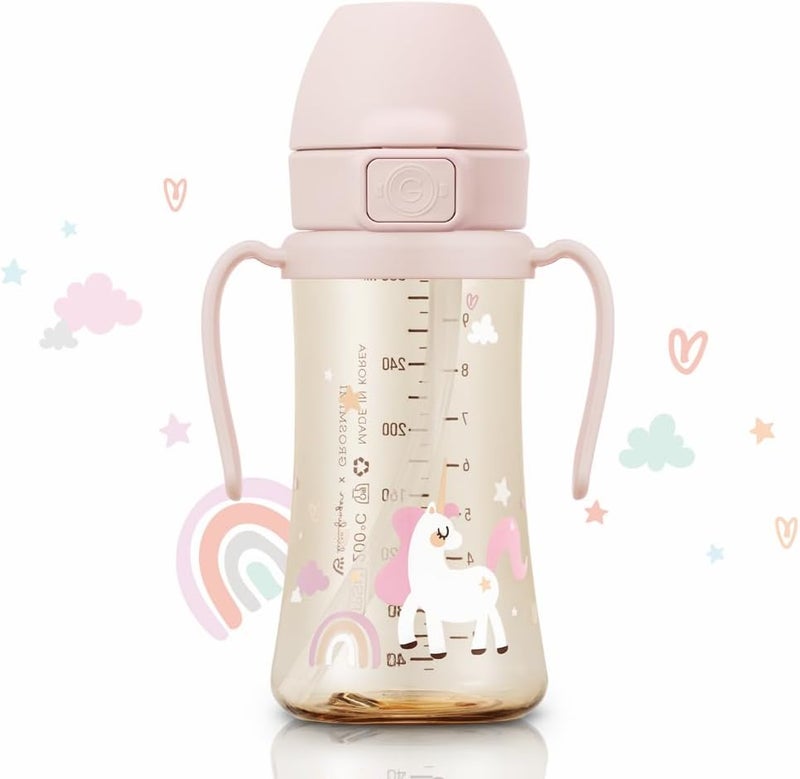 GROSMIMI Flip Top Spill Proof Sippy Cup with Stage 2 Straw for Toddlers, Customizable, PPSU, BPA Free 10 oz (Unicorn) - Image 1