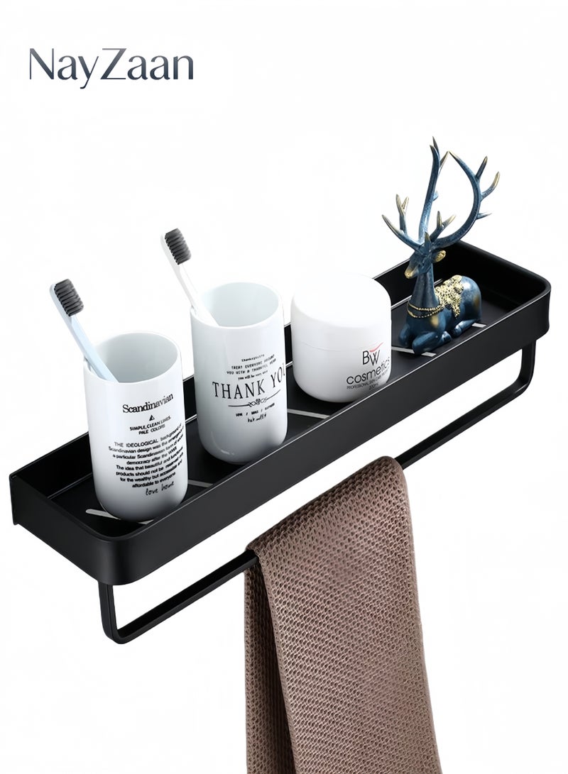 نايزان رف حمام مع حامل مناشف، منظم دش من الألومنيوم مثبت على الحائط، خزانة تخزين فوق المرحاض، أسود غير لامع، رف مستطيل للمطبخ - Image 1