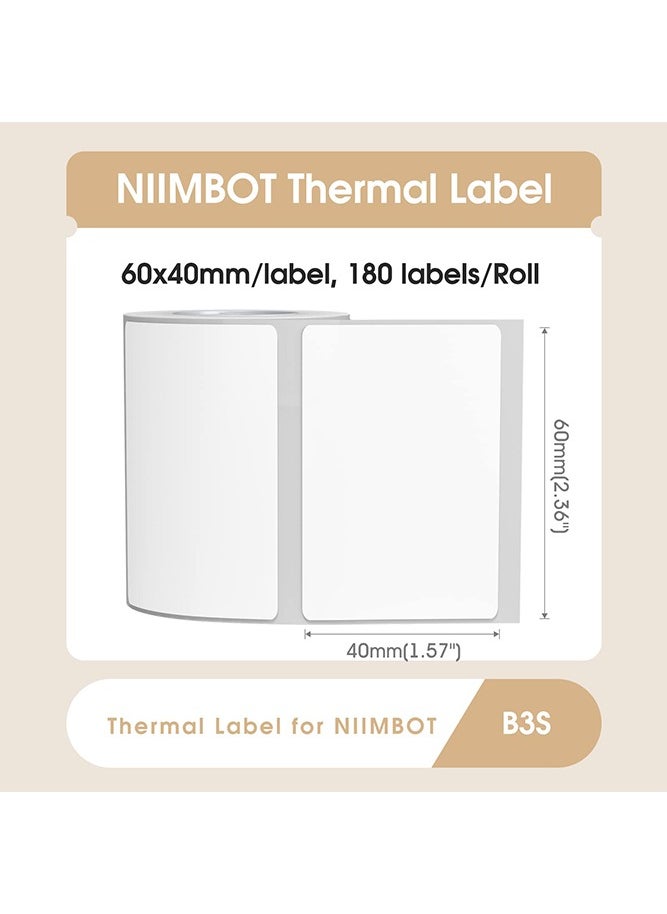 NIIMBOT - B3S Label Printer, 60x40mmThermal Sticker Label, Waterproof, Tear-Proof Thermal Label Paper, 1 Roll of 180 Self-Adhesive Printer Labels, White - Image 1