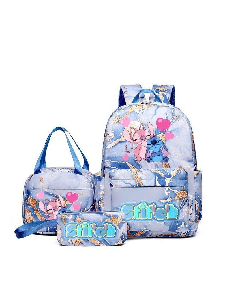 Stitch Golden Quicksand Texture Schoolbag Waterproof Primary and Secondary School Student Backpack Youth Travel Backpack 31*43*15CM + Lunch Bag 27*20*20CM + Pencil Case Three-piece Set