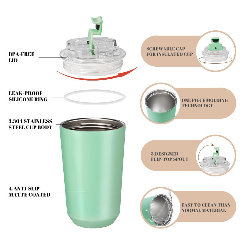 Puraville Insulated Tumblers with Lid  14 oz Travel Coffee Mug Stainless Steel Vacuum Thermos Cup  10/14 oz Leak Proof Reusable Double Walled Coffee Tumbler for Iced and Hot Drinks Green - Image 4