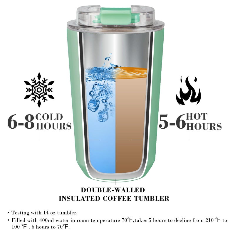 Puraville Insulated Tumblers with Lid  14 oz Travel Coffee Mug Stainless Steel Vacuum Thermos Cup  10/14 oz Leak Proof Reusable Double Walled Coffee Tumbler for Iced and Hot Drinks Green - Image 3