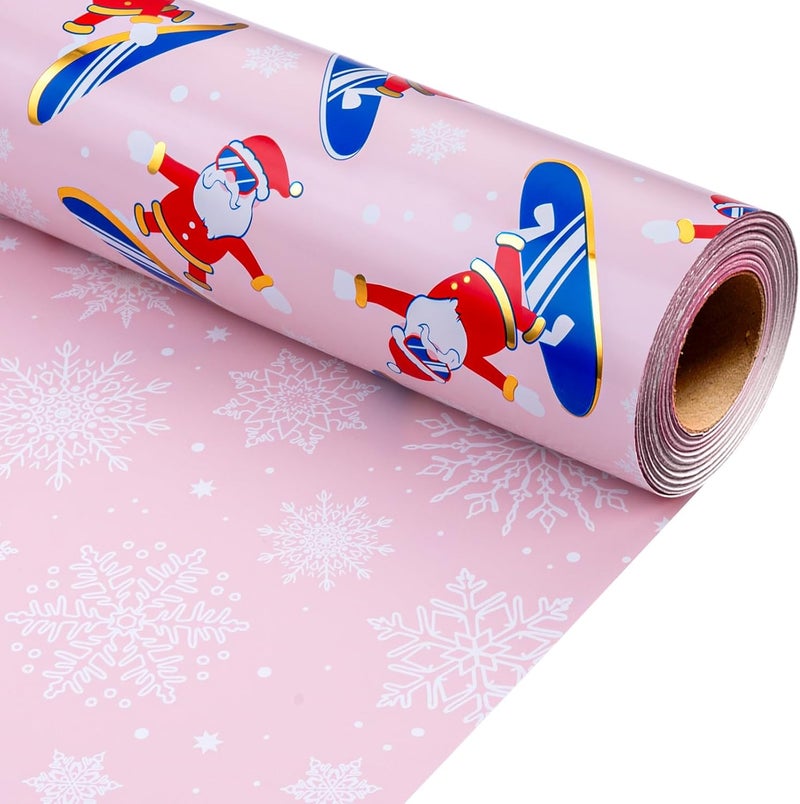 MAYPLUSS Christmas Wrapping Paper Roll - 17 Inch X 33 Feet - Skiing Santa Claus Gift Wrapping Paper Reversible Snowflake Thick Wrap Paper for Holiday Party New Year Kids - Image 1