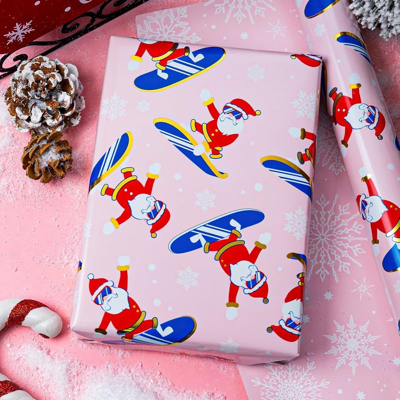 MAYPLUSS Christmas Wrapping Paper Roll - 17 Inch X 33 Feet - Skiing Santa Claus Gift Wrapping Paper Reversible Snowflake Thick Wrap Paper for Holiday Party New Year Kids - Image 2