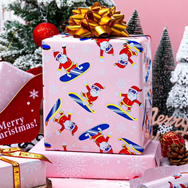 MAYPLUSS Christmas Wrapping Paper Roll - 17 Inch X 33 Feet - Skiing Santa Claus Gift Wrapping Paper Reversible Snowflake Thick Wrap Paper for Holiday Party New Year Kids - Image 3