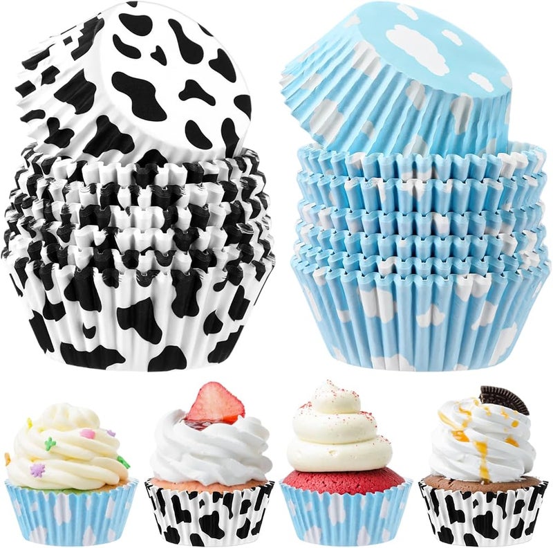 Cunhill 300 Pcs Paper Baking Cups Include 150 Cloud Blue Cupcake Liners 150 Cow Print Cupcakes Wrappers for Cake Balls Muffins Baby Shower Wedding Birthday Theme Party Supplies, 1.18 x 2 x 4.33 Inch - Image 1