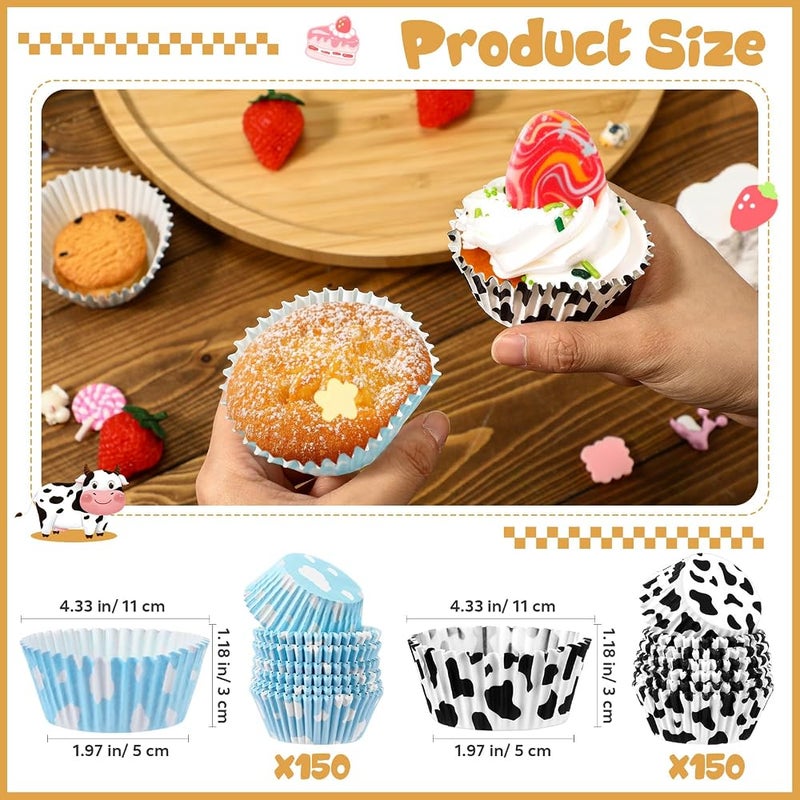 Cunhill 300 Pcs Paper Baking Cups Include 150 Cloud Blue Cupcake Liners 150 Cow Print Cupcakes Wrappers for Cake Balls Muffins Baby Shower Wedding Birthday Theme Party Supplies, 1.18 x 2 x 4.33 Inch - Image 2