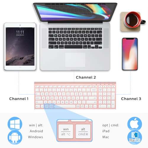 iClever BK10 Multi-Device Bluetooth Keyboard – Windows, Mac, Chrome OS, Android, iPad, iPhone, Apple TV Compatible –Rechargeable Wireless Keyboard Easy-Switch up to 3 Devices – Rose Gold - Image 3