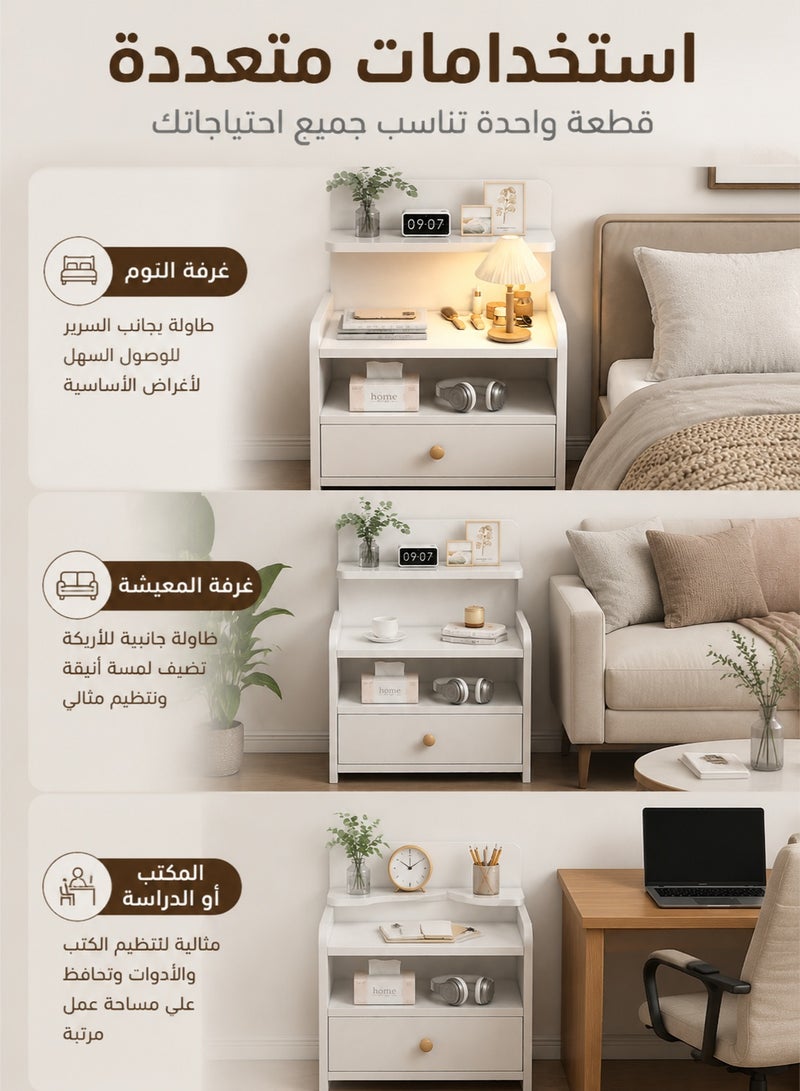 ميون طاولة جانبية بيضاء عصرية للسرير مع درج، خزانة تخزين خشبية صغيرة لغرفة النوم، طاولة جانبية بتصميم شمالي حديث للمنزل والمكتب - Image 3