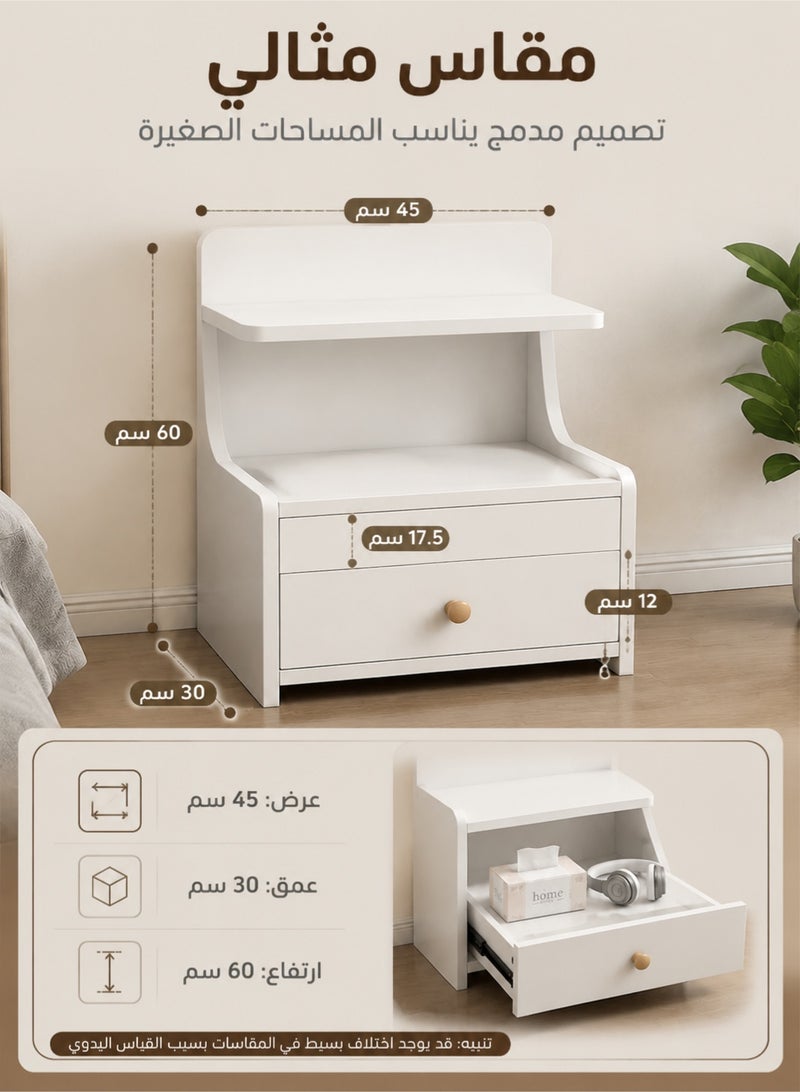 ميون طاولة جانبية بيضاء عصرية للسرير مع درج، خزانة تخزين خشبية صغيرة لغرفة النوم، طاولة جانبية بتصميم شمالي حديث للمنزل والمكتب - Image 2