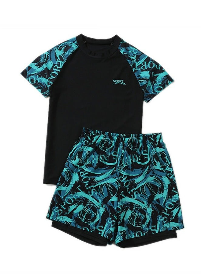 Boys Quick Dry Split Swimsuits Set Short Sleeve Swim Shirts ,Swim  Trunks With Compression Liner 2 Piece Swim Set