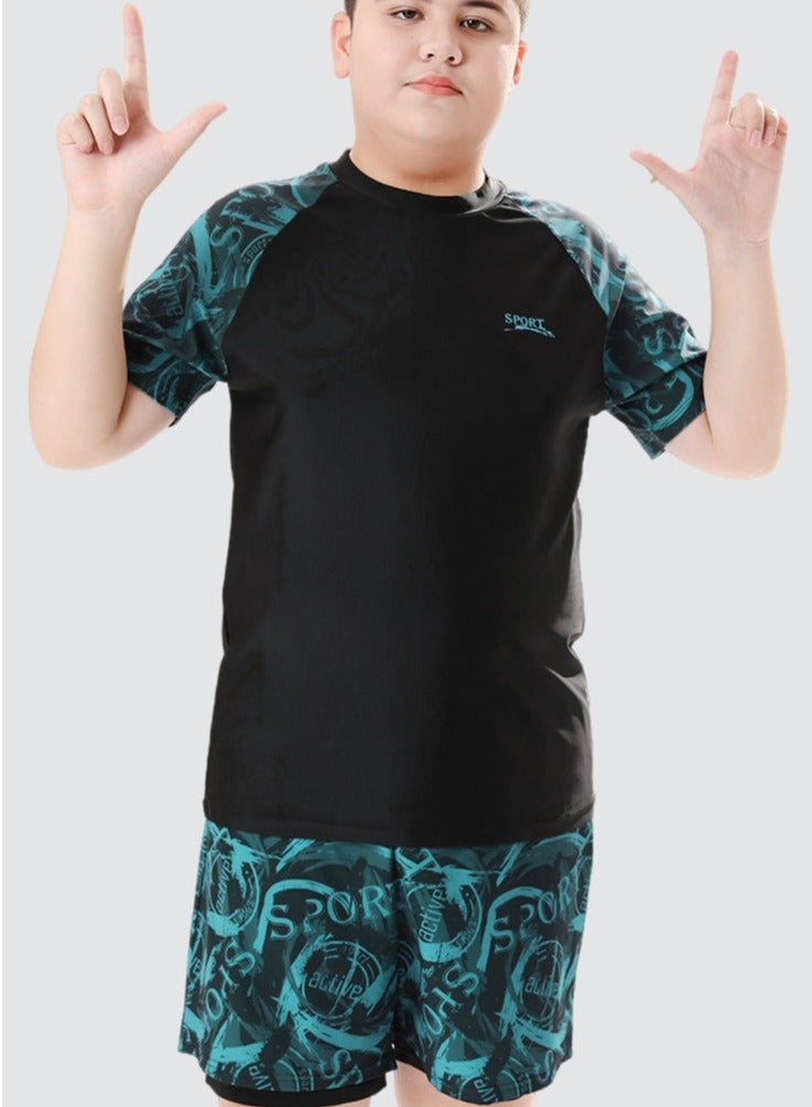 Boys Quick Dry Split Swimsuits Set Short Sleeve Swim Shirts ,Swim  Trunks With Compression Liner 2 Piece Swim Set