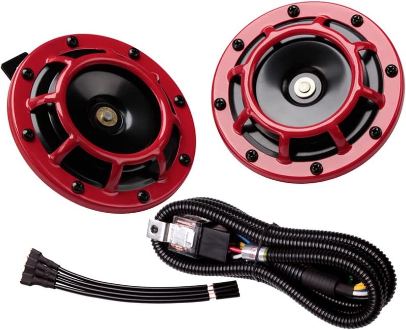 FARBIN Car Horns 12V Loud High Tone/Low Tone Metal Twin Horns Kit with Relay Harness, Universal Train Horn for Truck Car Motorcycle (Red horn with wiring harness) - Image 1