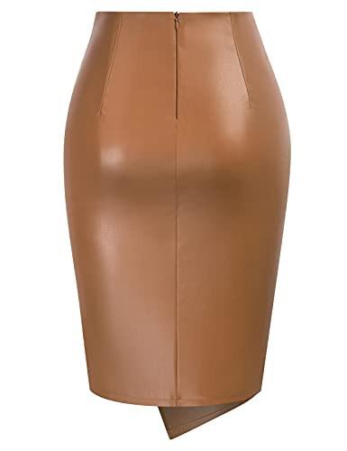 Kate Kasin Wear to Work Leather Pencil Skirts for Women Side Wrap Knot Knee Length High Waist Brown L - Image 2