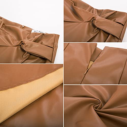 Kate Kasin Wear to Work Leather Pencil Skirts for Women Side Wrap Knot Knee Length High Waist Brown L - Image 4