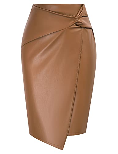 Kate Kasin Wear to Work Leather Pencil Skirts for Women Side Wrap Knot Knee Length High Waist Brown L - Image 1