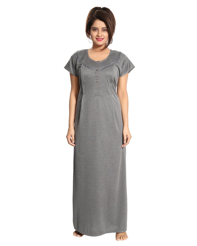 Fabme Women's Cotton Textured Floor Length Nursing Nighty (Light Grey_Free Size_NW0142_Light Grey_Free Size) - Image 4