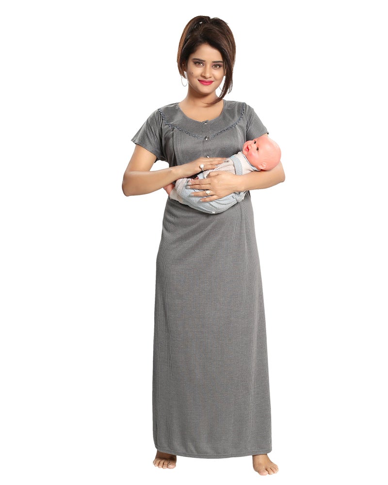 Fabme Women's Cotton Textured Floor Length Nursing Nighty (Light Grey_Free Size_NW0142_Light Grey_Free Size) - Image 1