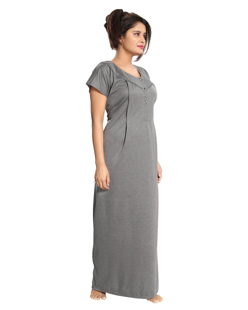 Fabme Women's Cotton Textured Floor Length Nursing Nighty (Light Grey_Free Size_NW0142_Light Grey_Free Size) - Image 2