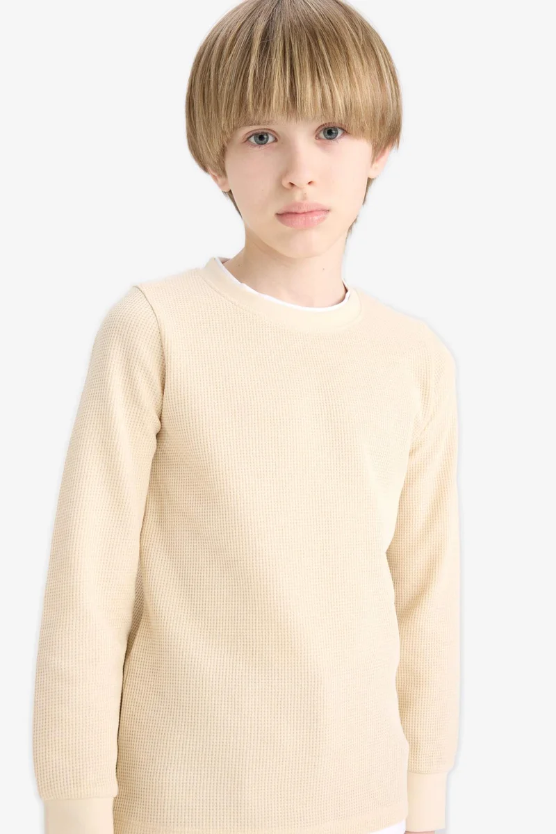 ديفاكتو Boy Regular Fit Crew Neck Waffle Long Sleeve T-Shirt